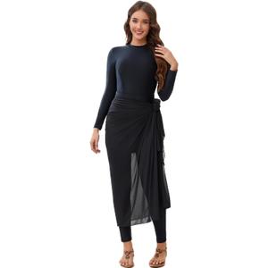 IDOPIP Muslim Burkini Swimsuit for Women's One Piece Swimsuit with Beach Skirt+Cover up Sarong+Pants 4PCS Bathing Suit (X-Large, Black)
