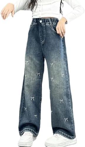 SHHYJUN Girls Bow Patterned Baggy Wide Leg Jeans Elastic Waist Casual Washed Denim Pants Age(Wide Leg 15, 12-13 Years)
