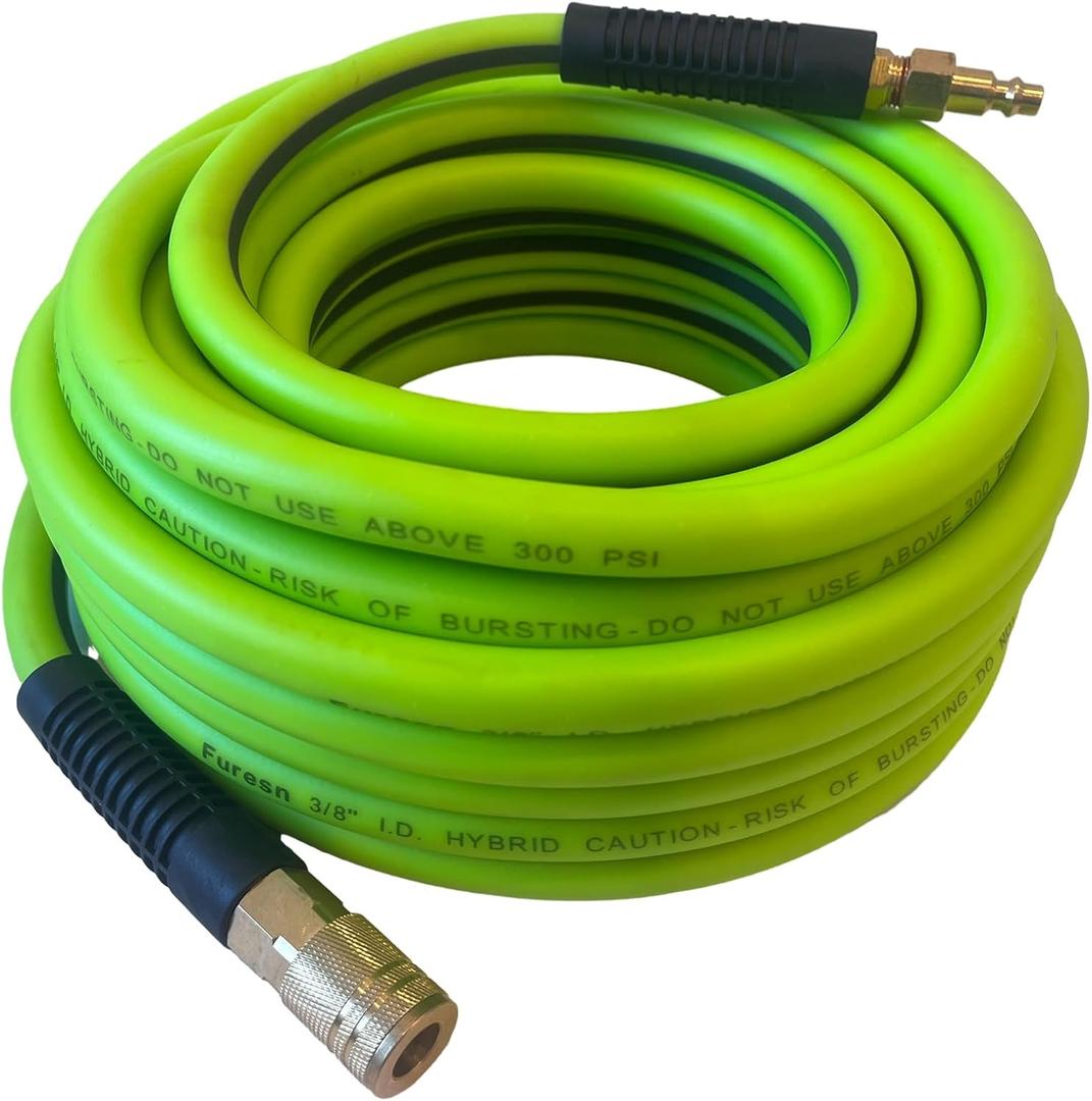 Air Hose 3/8 in x 100 ft, Heavy Duty, Lightweight, Kink Resistant, Hybrid Air Compressor Hose with 1/4 in Solid Brass Male Fittings, Bend Restrictors, 300 PSI (100FT, Green Black)