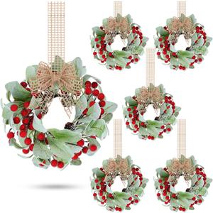 Zeyune 6 Set 9'' Small Wreaths for Kitchen Cabinets Mini Christmas Wreaths Real Touch Lamb Ear with Burlap Ribbon Red Berry Farmhouse for Xmas Wall Window Indoor Outdoor Chair Fireplace Decor