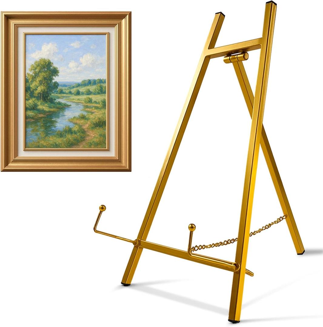 Falling in Art Metal Easel Stand, 16.5" Table Top Easel Stand for Display, Tripod Mirror Plate Stand Holder for Photos, Books and Wedding Signs, Gold