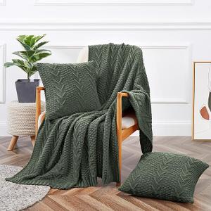 Aormenzy Knitted Throw Blanket (50" x 60") and 2 Pillow Covers (18" x 18"), 3 Piece Grayish Green Throw Blanket Set, Decorative Throw Blankets for Couch Sofa Bed Living Room