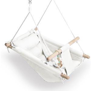 Baby Swing Indoor and Outdoor, Canvas Hammock Swing for Baby to Toddler with a Comfortable Seat, Macaroon Wooden Toy, Adjustable 5-Point Harness,Gift for Baby Boys Girls, 3 Modes, White