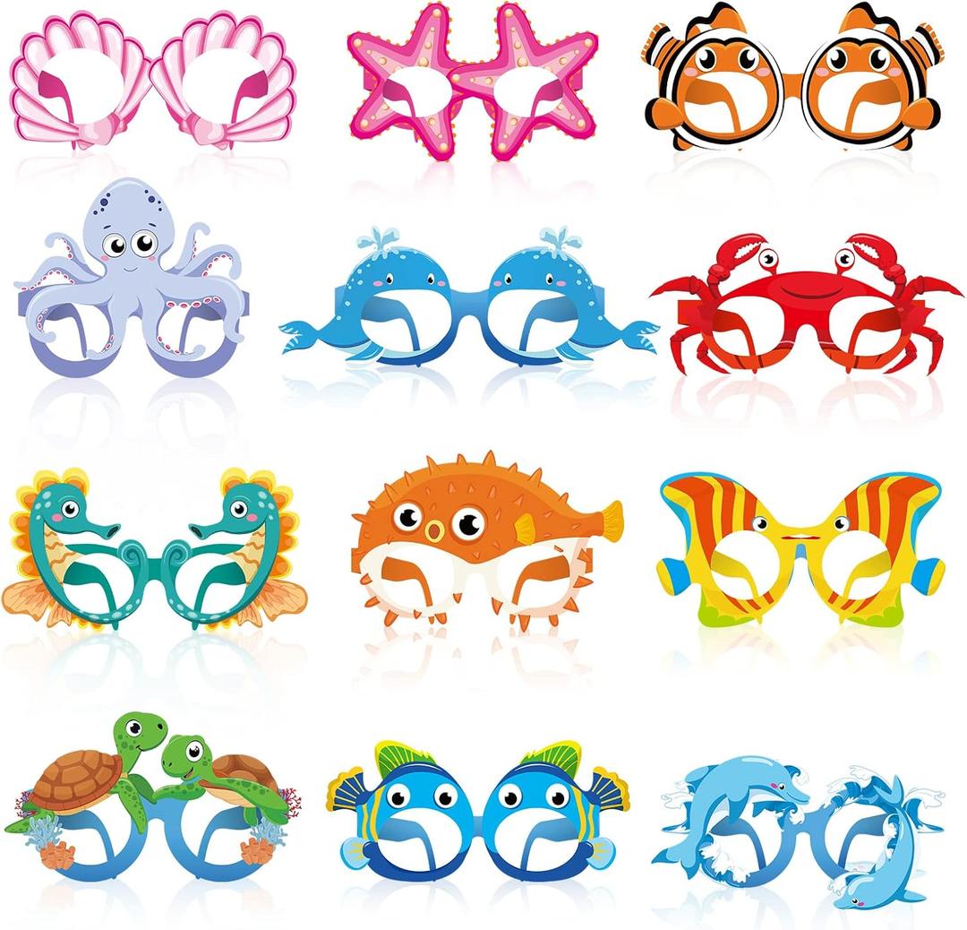 Harloon 36 Pcs Sea Animal Party Favors Under Ocean Paper Glasses Ocean Animal Photo Props for Fishing Birthday Party Supplies (Bright)