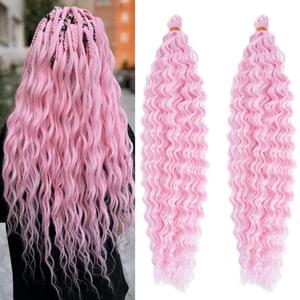 Deep Wave Crochet Hair Light Pink Bohemian Curly Ocean Wave Wavy Braiding Hair for Black Women 24 Inch Synthetic Pink Boho Hair for Braiding Soft Curls for Boho Braids Extensions