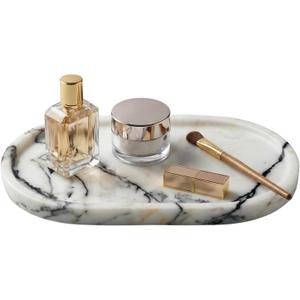 Natural Marble Vanity Tray for Bathroom Counter, Stone Catchall Tray for Perfume, Soap, Jewelry and Skincare, Bathroom Countertop Organizer for Vanity, Dresser or Kitchen Sink, 11.8 x 6.3 Inch
