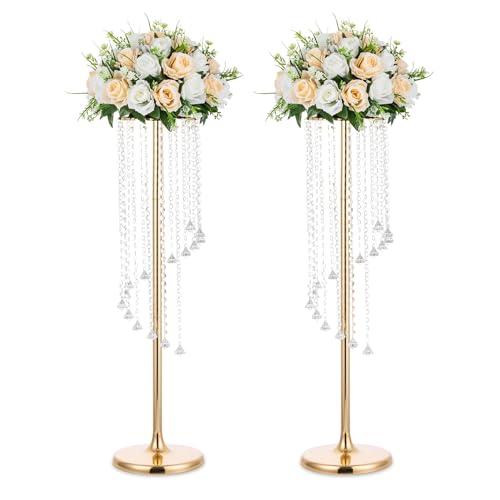 Nuptio 2 Pcs 35.4inch Tall Wedding Centerpieces Gold Vases Crystal Flower Vase Metal Flowers Stand for Party Tables Decorations - Elegant Bulk Weddings Decoration Table Chandelier Centerpiece Stands