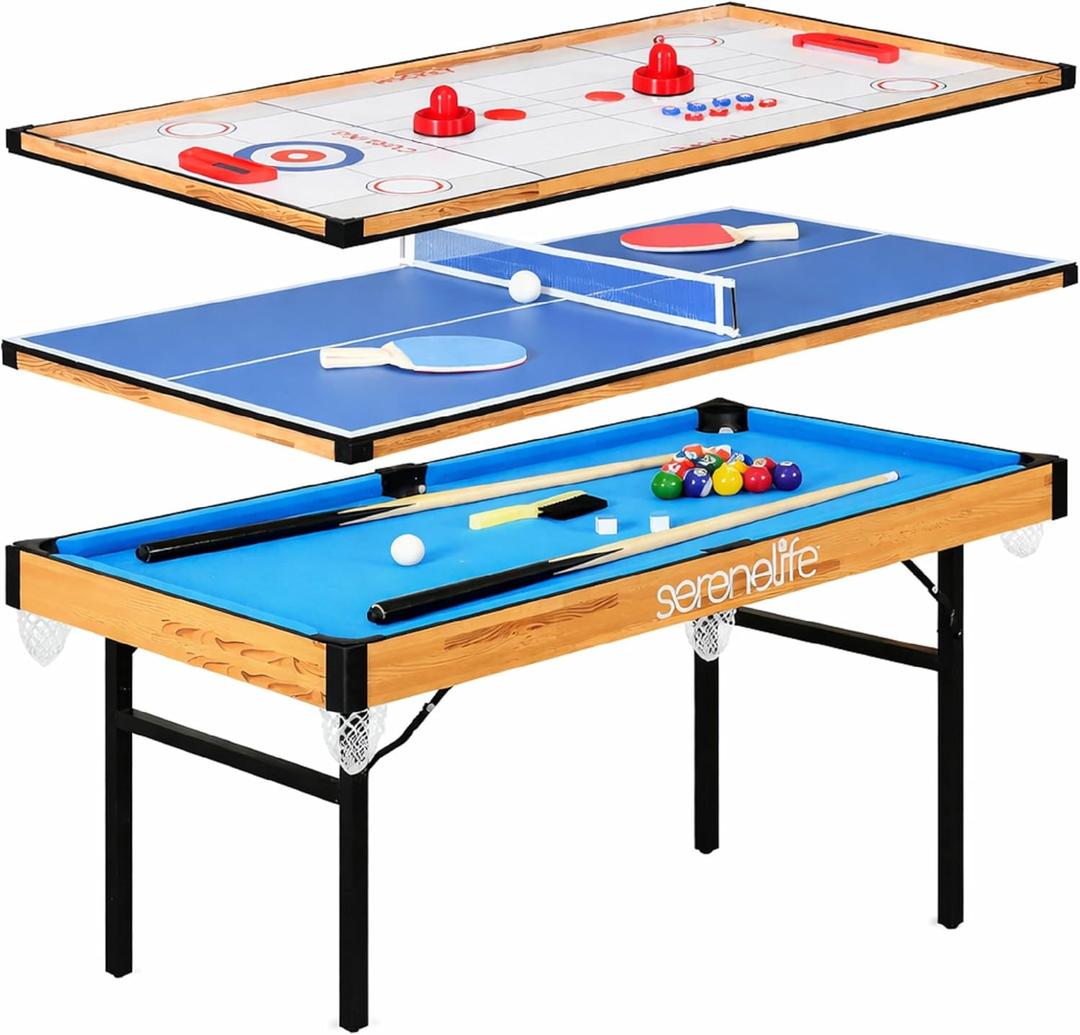 SereneLife 4 in 1 Multi Game Table, 4x2 Folding Portable Sports Arcade Games with Accessories, Ping Pong, Air Hockey, Pool Billiards, and Shuffleboard, for Indoor, Outdoor, All Ages