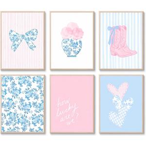 6 Pcs Blue and Pink Floral Bow Wall Art Trendy Chinoiserie Watercolor Heart Canvas Prints Posters Cowgirl Boots Aesthetic Wall Decor for Girly Room Coastal Dorm Home Decor Unframed 8x10in