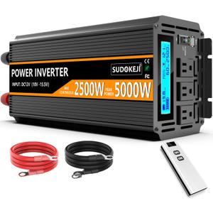 SUDOKEJI 2500W Power Inverter 12V DC to AC 110V/120V (Peak) 5000W Converter 3 sockets car Inverter with Remote Control and LED Display 3.4v USB Port