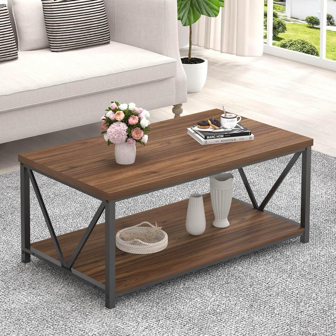 FOLUBAN Coffee Table, Modern Center Table with Storage Shelf, Rustic Wood and Metal Cocktail Table for Living Room, 39.3 Inch Walnut