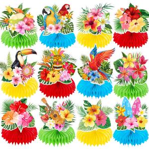 12 Pieces Tropical Luau Honeycomb Table Centerpieces, Colorful Hibiscus Flowers, Parrot with Multicolor Bases, Hawaiian Themed Decorations for Summer BBQ, Pool and Beach Aloha Birthday Decorations