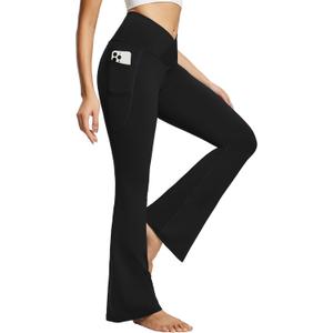 baleaf Women's Yoga Pants V Crossover Flare Leggings with Pockets High Waist Casual Workout Gym Bell Bottom Leggings (Medium, Black)