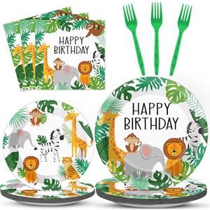 96PCS Jungle Birthday Party Plates and Napkins Safari Animals Birthday Party Decorations for 24 Guests Jungle Theme Birthday Party Tableware Set Serves Wild Animals Gold Safari Zoo Birthday Supplies