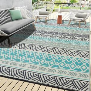 Outdoor Rugs, Outdoor Plastic Straw Rug, Reversible Waterproof Carpet for Camping, Poolside, Garden, BBQ Area, Gazebo Flooring, RV Park & Beach, Bohemian Style, 6x9 (Blue&grey)