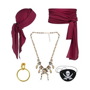 WooHand Pirate Costume Accessories Set: 5-Piece Pirate Head Scarf, Sash, Necklace, Eye Patch & Earring for Adults (Red)