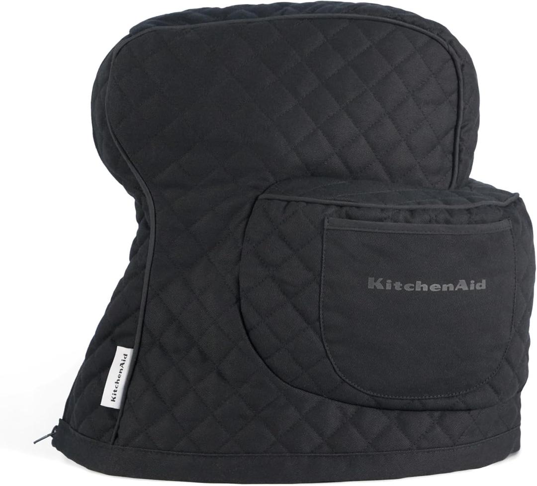 KITCHENAID Fitted Tilt-Head Solid Stand Mixer Cover with Storage Pocket, Quilted 100% Cotton, Matte Black, 14.4"x18"x10", NEW AND IMPROVED FIT