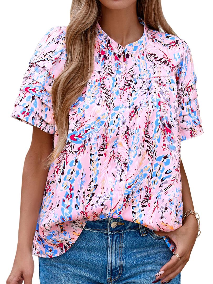 MASCOMODA Womens Tops Summer Boho Floral Short Sleeve Button Down Shirts Crewneck Loose Vacation Dressy Casual Work Blouses(Floral Pink Multicolored,Medium) (Pink, M)