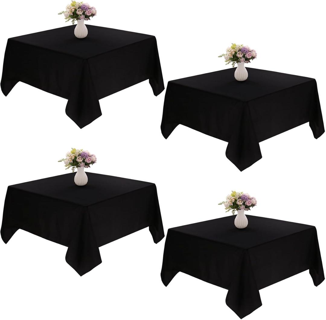 4 Pack Square Table Cloth 85x85 Inch Black Tablecloth Machine Washable Fabric Polyester Table Cover for Dining, Buffet Parties, Picnic, Events, Weddings and RestaurantsBlack