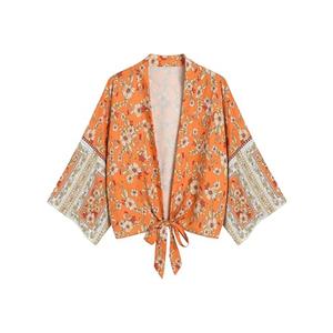 ZAFUL Women's Beach Kimono Cover Up Batwing Sleeve Floral Blouse Loose Cardigan Shirts Boho Open Front Summer Tops Orange M