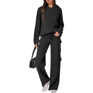 ANRABESS Womens Two Piece Outfits Casual Knit Hooded Sweater Straight Leg Pants Set 2025 Fall Lounge Travel Clothes (Small, Black)