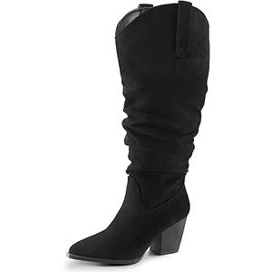 Mysoft Women's Wide Calf Knee High Boots Cowgirl Low Chunky Stacked Heel Wide Width Pointed Toe Slouchy Tall Boots with Zippers Size 7.5