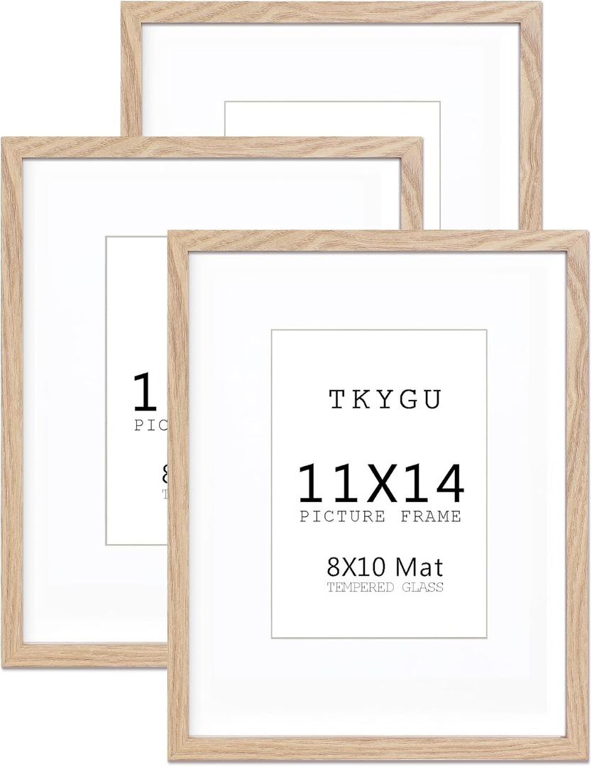 11x14 Picture Frame wooden set of 3, 11x14 mat to 8x10 Modern Style Wood Composite frames 11by14 Poster Fram Tempered Glass Photo Frames for Wall Art Prints for Home Decor