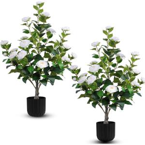 Hananona 2 Pcs Artificial Camellia Trees Faux Camellia Plant in Pot with Flowers Indoor Plants for Spring Home Decor Outdoor Porch Front Door Decor (White, M) (Medium)