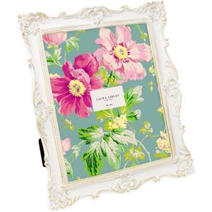 Laura Ashley 8x10 White & Gold Ornate Textured Hand-Crafted Resin Picture Frame w/Easel & Hook for Tabletop & Wall Display, Decorative Floral Design Home Dcor, Photo Gallery, Art (8x10, White/Gold)