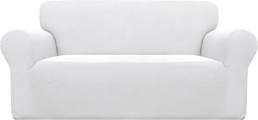 Easy-Going Stretch Loveseat Slipcover 1-Piece Sofa Cover Furniture Protector Couch Soft with Elastic Bottom for Kids Polyester Spandex Jacquard Fabric Small Checks (Loveseat, Snow White)