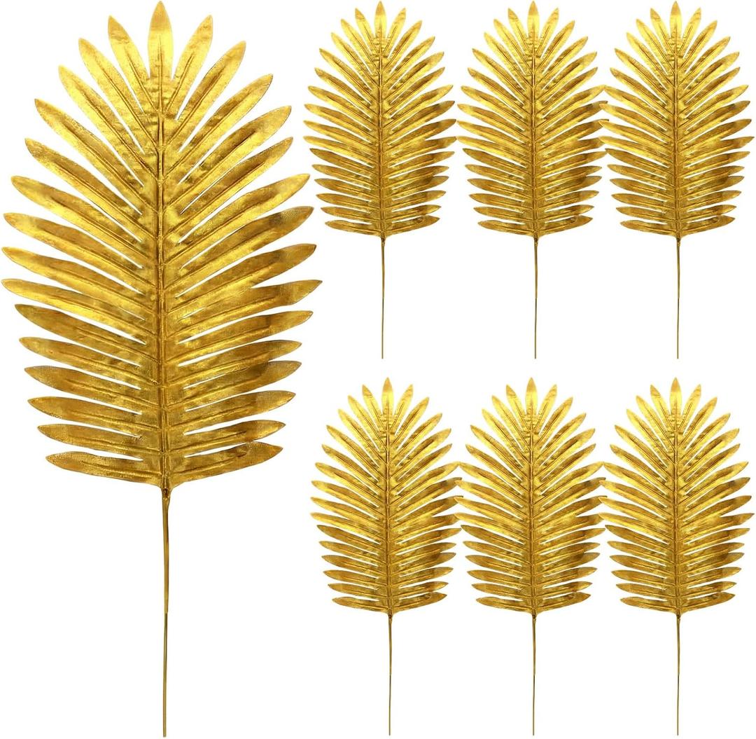 Giegxin 6 Pcs 18 Inch Summer Artificial Gold Palm Leaves Tropical Faux Palm Leaves Fake Stem Fronds for Summer Tropical Wedding Bouquets Arrangements Party Home Decorations