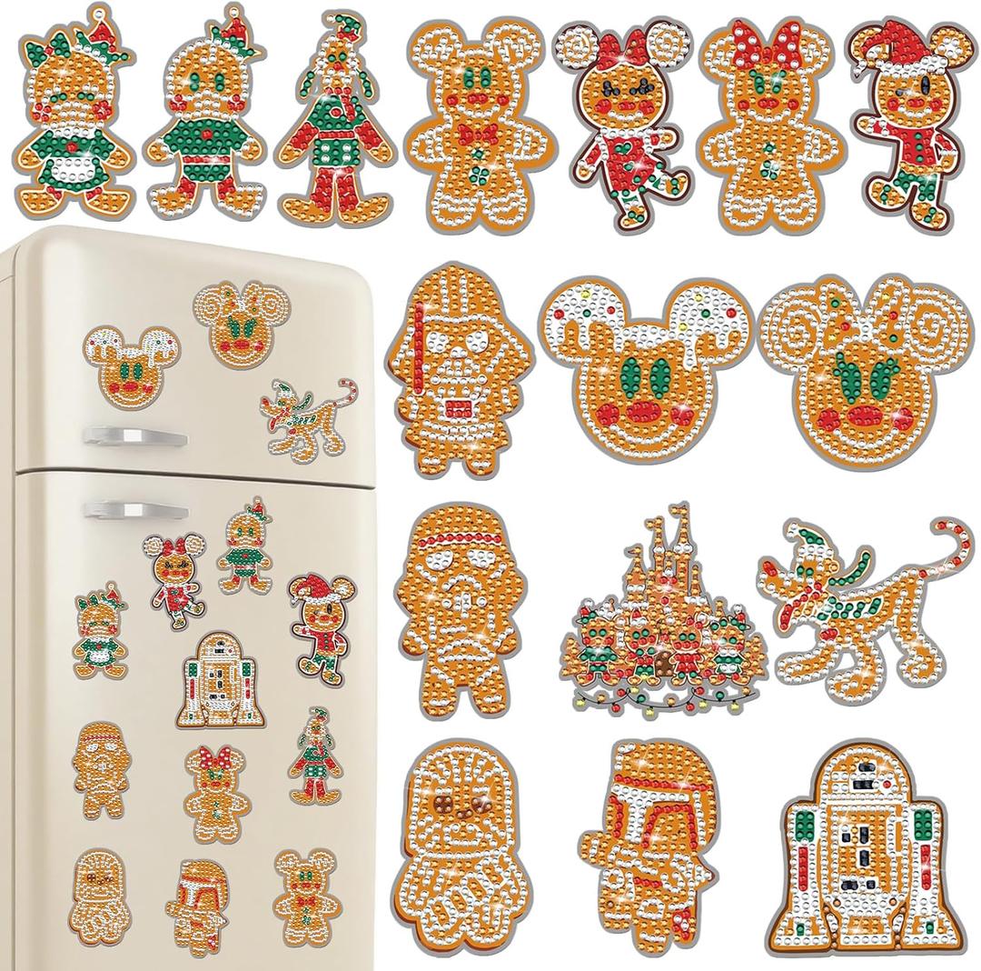 RiVolTa Christmas Diamond Art Magnets - 16 Pcs Mouse Gingerbread Man Painting Kits for Refrigerator Cute Cookies Animals Magnetic Stickers for Adults Kids DIY Crafts Xmas Fridge Home Decals Decor Gift