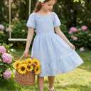 GRACE KARIN Girls Summer Tie Back Dress Square Neck Lantern Sleeve Ruffle Hem Elegant Dresses for 7-14 Years (Blue)