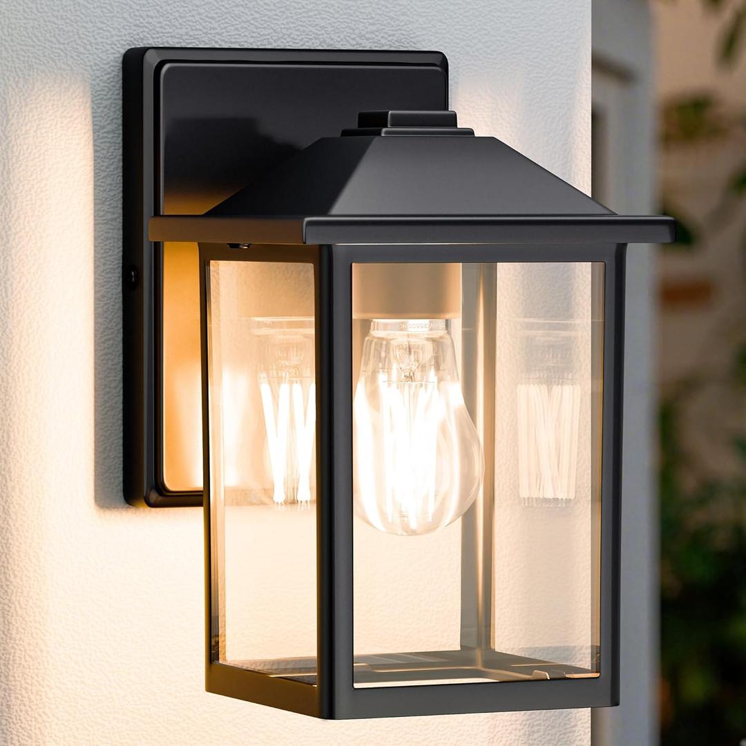 Outdoor Wall Lantern, Exterior Waterproof Wall Sconce Light Fixture, Black Front Door Mounted Lighting with Clear Glass, Anti-Rust Porch Lamp (8.08 inch)