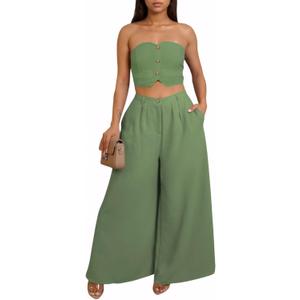 Akmipoem 2 Piece Sets for Women Summer Strapless Crop Top High Waist Wide Leg Pants Matching Outfits (Medium, Green)