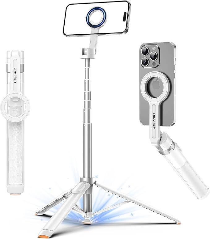 UBeesize 70" Auto-Open Magnetic Tripod for iPhone, MagSafe Selfie Stick with Remote, Portable Phone Stand for Recording, Travel and Vlogging, Compatible with iPhone/Android (White)