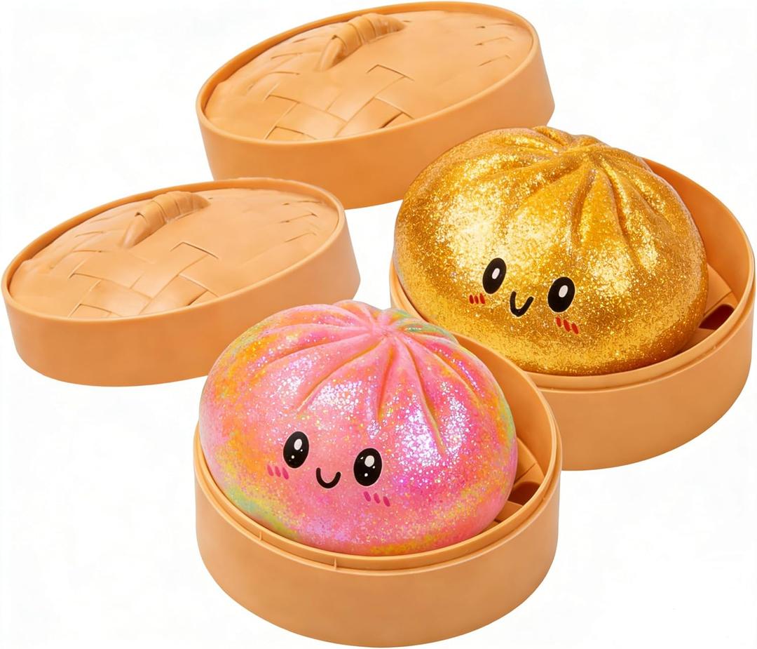 Dumpling Squishies,Giant Glitter Dumpling Box,Colorful Sensory Toys Stress Relief Ball,Soft Squeeze Decompression Dough Gift for Adults (A-2PC)