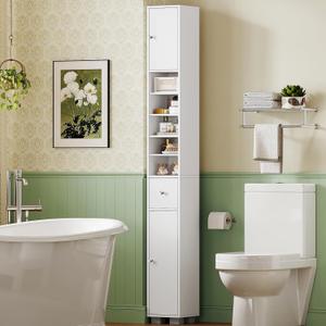 TEENFON Bathroom Cabinet, Narrow Bathroom Storage Cabinet with 5 Adjustable Shelves & Drawer, Freestanding Cupboard for Small Spaces, White