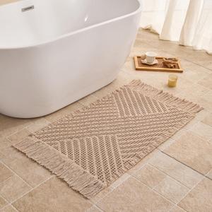 Waffle Bath Mat Non Slip, Boho Bathroom Rug, Super Absorbent Quick Dry Bathroom Mat, Soft Farmhouse Bath Rug with Tassels, Small Washable Shower Mats for Floor 20"x32", Tassels Brown