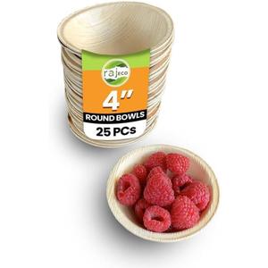 Raj Disposable Palm Leaf Bowls (25 Count, 4" Bowls) Strong Bowl Like Bamboo Party Bowl - Decorative Compostable Tableware for Lunch, Dinner, Birthday, Camping, Outdoor, Picnic, Parties