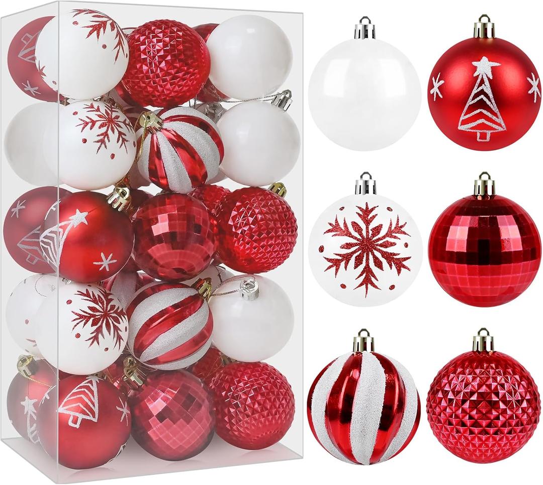 Christmas Ornaments Balls - 30 Pcs 2.4 Inch Shatterproof Plastic Christmas Balls Sets, Red & White Small Christmas Tree Balls Hanging Ornaments for Holiday Wreath Party Christmas Tree Decor