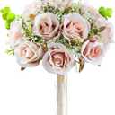 Pink Champagne Roses 10 in, Fake Flowers Wedding Bouquets for Bride, Wedding Silk Artificial Flowers 10pcs for Wedding Party, Ceremony, Anniversary & Home Decor (Come with 3 Styles of 4.5 ft Ribbons)
