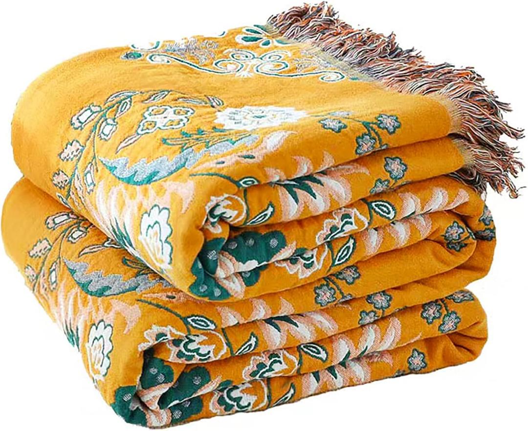 Boho Throw Blanket, 100% Cotton Soft Sofa Bed Throw-Floral Farmhouse Decor Blanket, Reversible Bohemian Throw for Chair Couch Quilt and Gift, 80" x 90"-Yellow (Flower-art)