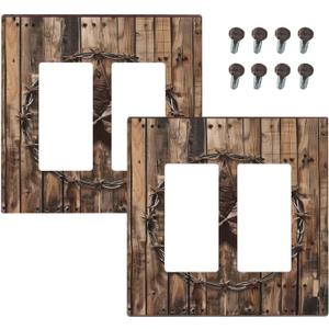 Outlet Covers Rustic Star Western Cowboy Wood 1 Gang Duplex Light Switch Cover Plate Decorative Wall Plates Electrical Switchplate Receptacle for Farmhouse Home Decor（2 Pack）