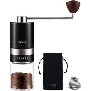 VEVOK CHEF Manual Coffee Grinder Hand Coffee Grinder 6 External Adjustable Setting Stainless Steel Conical Burr Coffee Mill Portable Hand Crank Coffee Bean Grinder Fine for Espresso (Black)