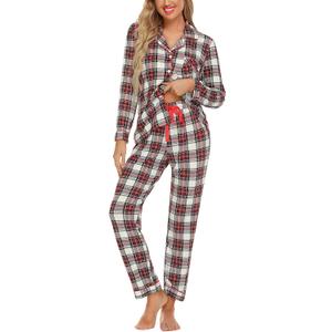 Anjue Button Up Pajamas for Women Long Sleeve Shirt and Pajama Pants Lounge Sets S-XXL (Red, M)