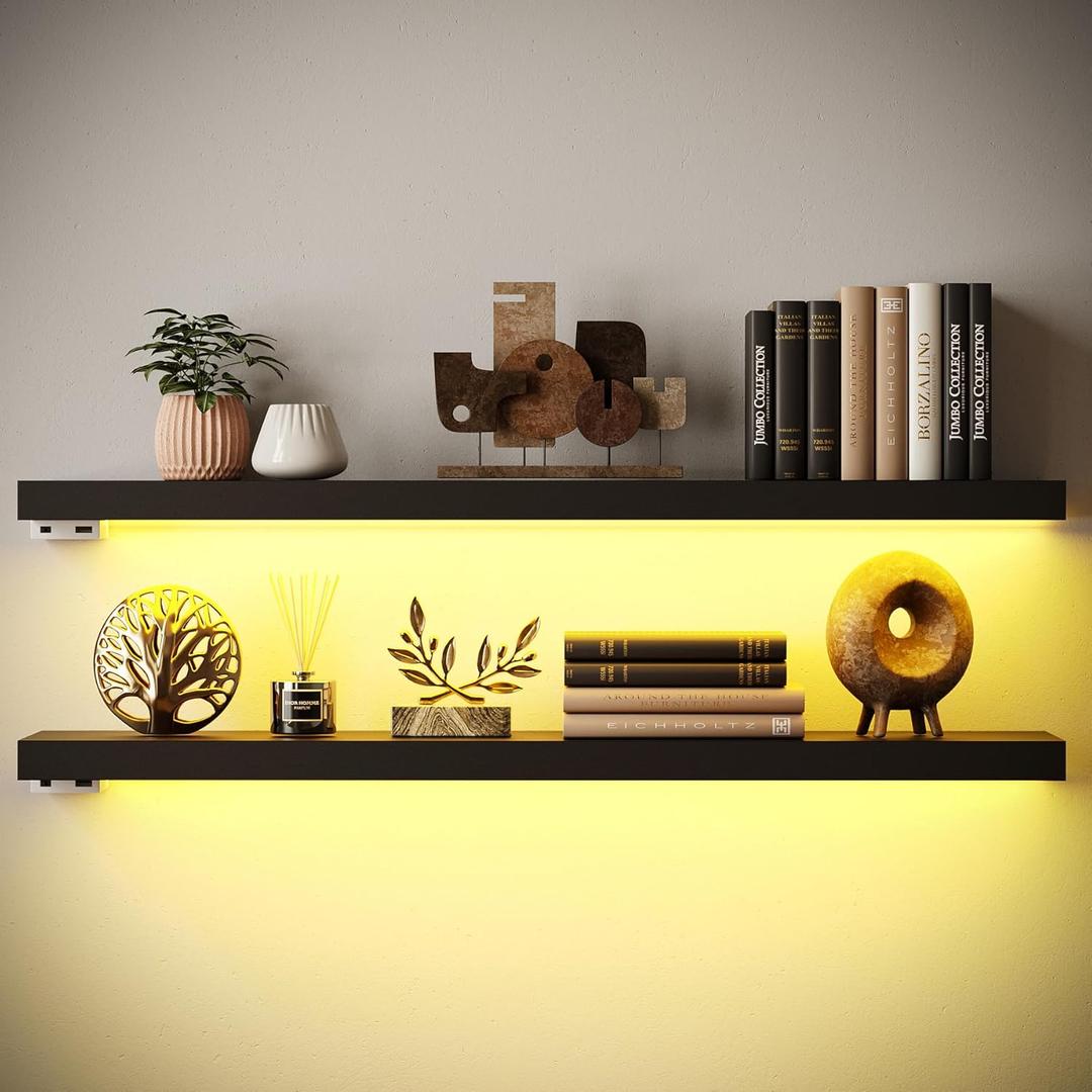 BAMEOS Black Floating Shelves with LED, 31" Sturdy Wood Wall Shelves with Invisible Brackets, Set of 2, Wall Mounted Display Shelves Decoration for Bedroom, Bathroom, Living Room, Kitchen