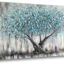 Arjun Tree Wall Art Teal Blue Nature Tree of Life Abstract Canvas Painting Textured Picture, Modern Large Panoramic Landscape Artwork Framed for Living Room Bedroom Bathroom Office Home Decor 40"x20" (40L" x 20W", Blue tree)