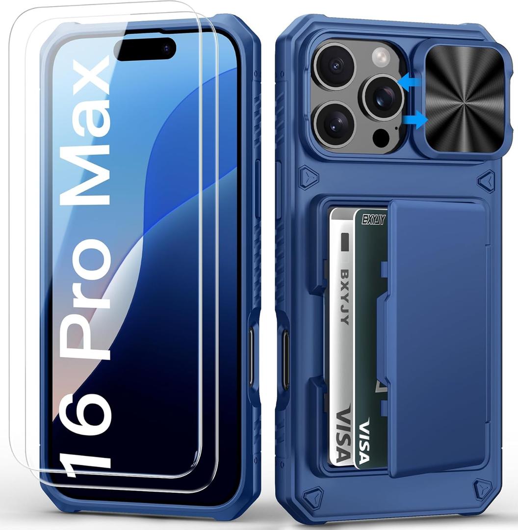 iPhone 16 Pro Max Case Wallet with Screen Protector (Tempered Glass), Slide Camera Cover, Military Grade Drop, Card Holder (4-5 Cards), Heavy Duty Men Women Case for iPhone 16 Pro Max, Blue