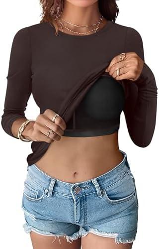 ANRABESS Women Long Sleeve Shirts Built-in Bra Crewneck Rib Knit Slim Fit Basic Tee Tops 2025 Fall Casual T-Shirt Base Layer, Size XL